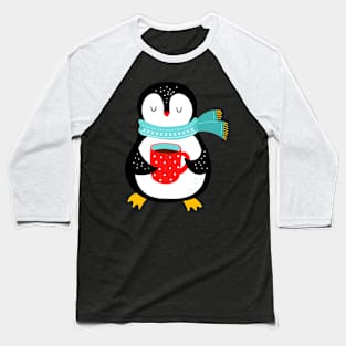 Penguin Cute And Cozy With Tea Christmas Winter Baseball T-Shirt